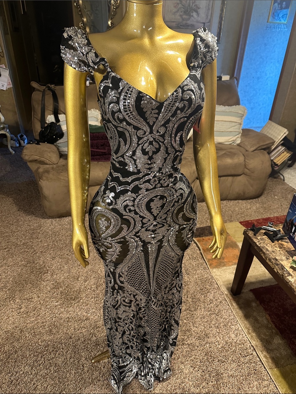 Black Sequin Maxi Dress with Silver Embellishment